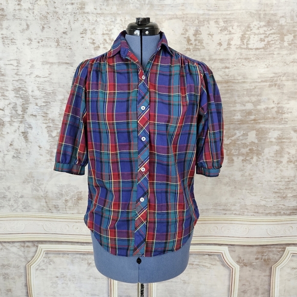 Vintage Tops - Vintage 1980s Plaid Blouse Grunge Shirt Top M Dark Academia Puff Sleeve